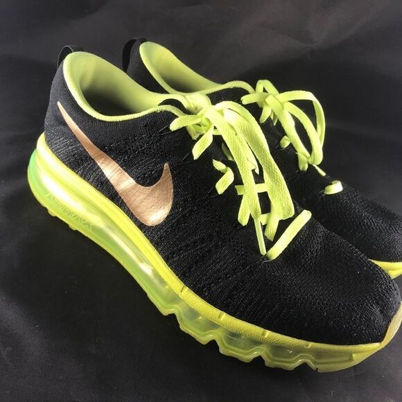 Mint Condition NIKE Flyknit MAX Nike iD Mens 8 Womens 9.5 Black Gold Volt Yellow - Picture 1 of 8